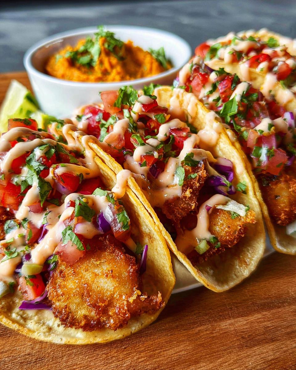 Three golden-brown fish tacos loaded with fresh pico de gallo, shredded cabbage, and a creamy sauce, perfect for Taco Tuesday recipes.
