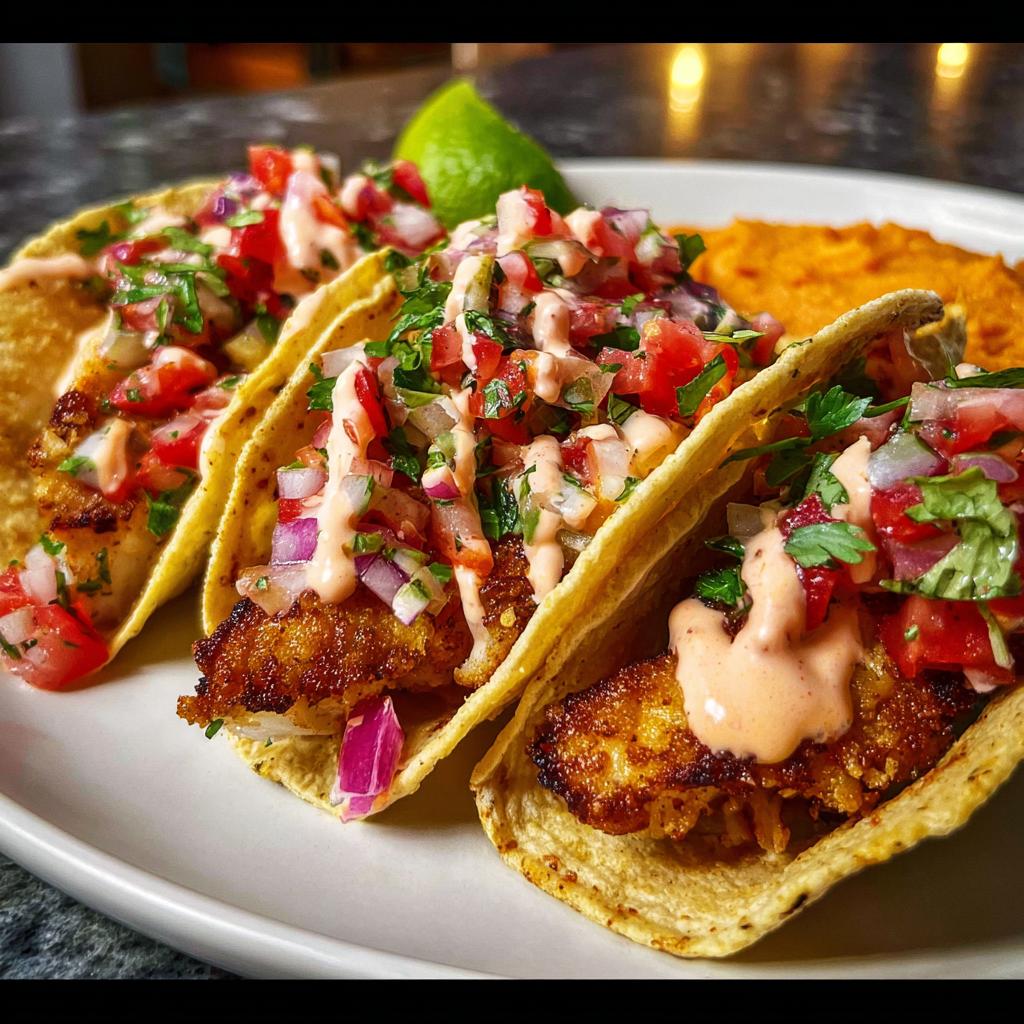 Three crispy fish tacos topped with pico de gallo and creamy sauce, perfect for Taco Tuesday recipes.