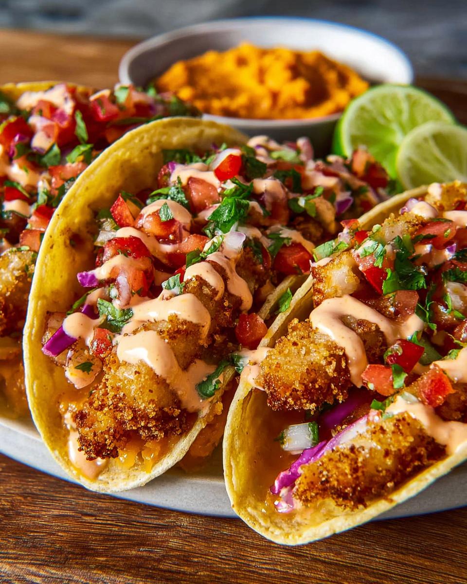Close-up of three crispy fish tacos, topped with pico de gallo, creamy sauce, and lime wedges on the side.