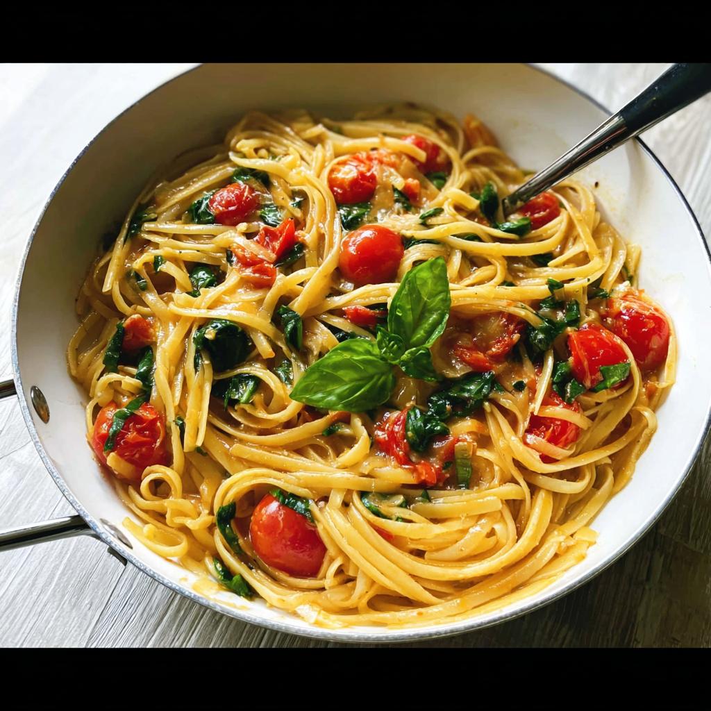 A close-up of linguine pasta with cherry tomatoes and spinach in a creamy sauce, perfect for easy dinner recipes meal prep.