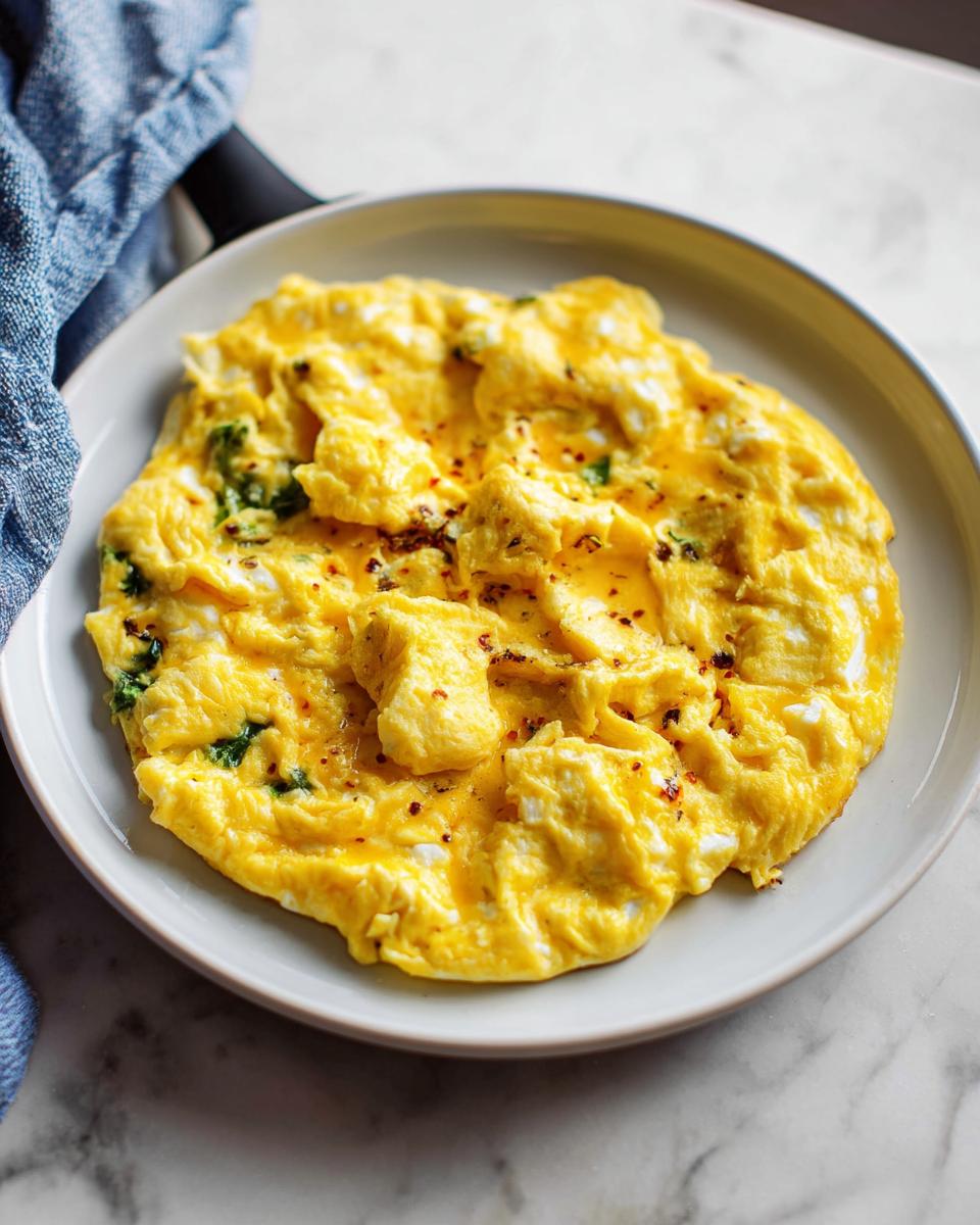 A close-up of a fluffy, golden omelette with visible herbs and chili flakes, part of The Only Egg Recipes.