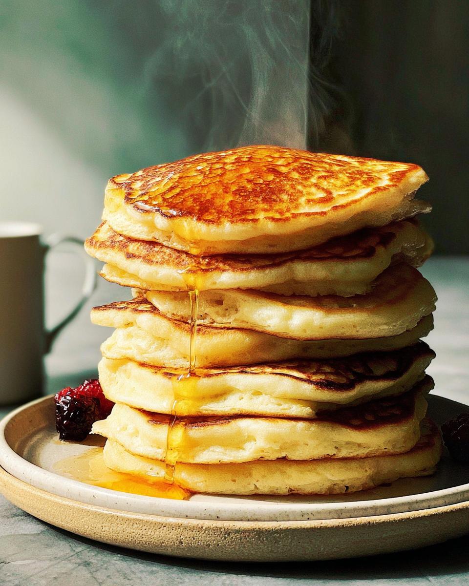 A tall stack of fluffy pancakes drizzled with syrup, a classic breakfast idea for beginners.
