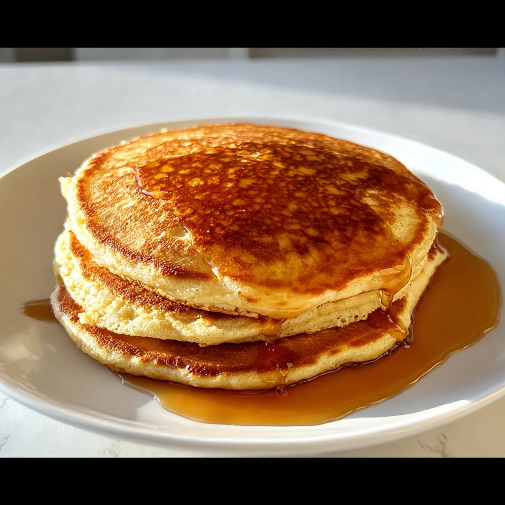 A stack of three fluffy pancakes drizzled with syrup, perfect for breakfast ideas recipes.