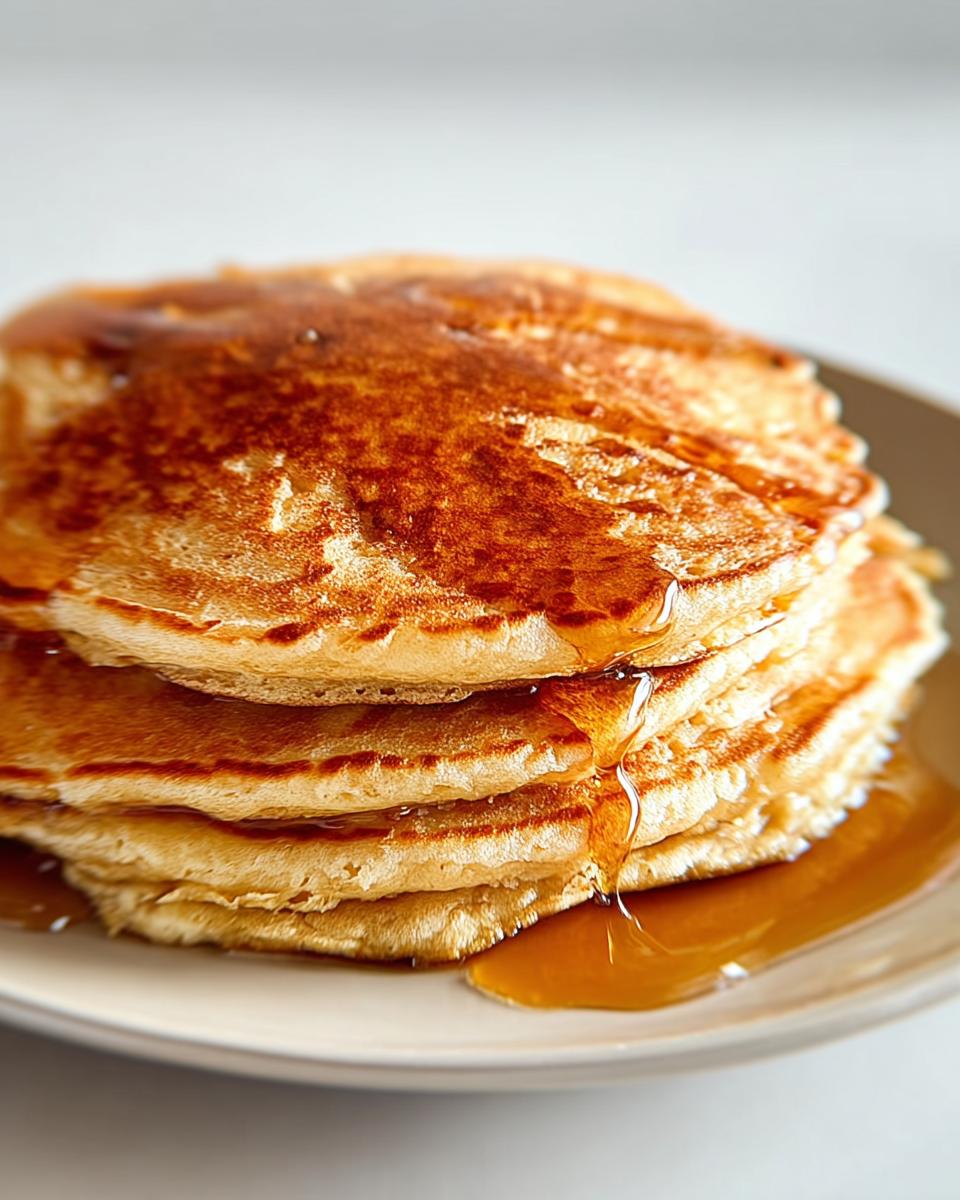A stack of fluffy pancakes drizzled with golden syrup, perfect for breakfast ideas recipes.