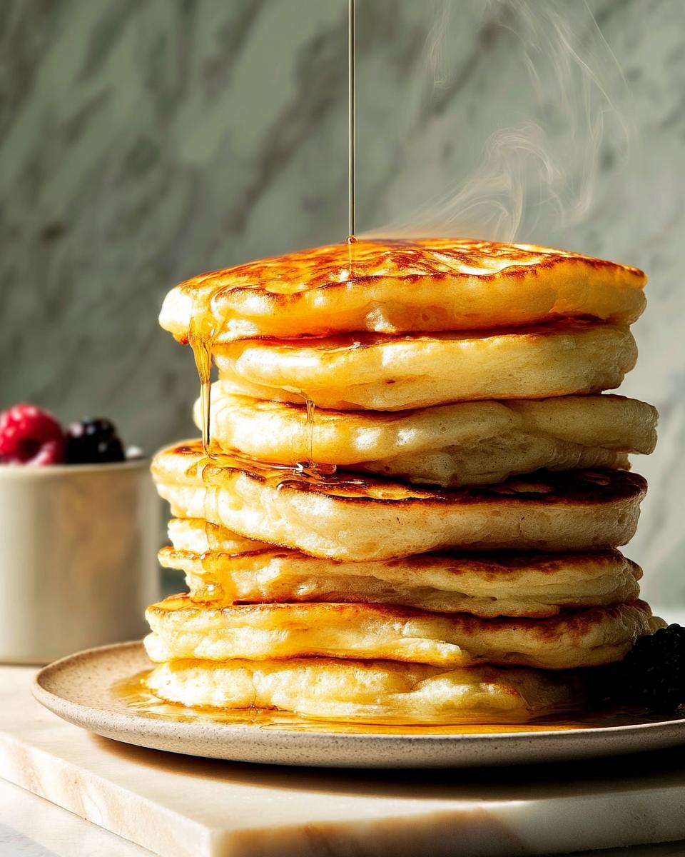 A tall stack of fluffy pancakes being drizzled with golden syrup, part of breakfast ideas for beginners.