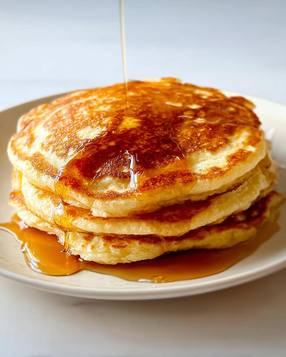 A stack of fluffy pancakes being drizzled with syrup, a perfect breakfast idea.