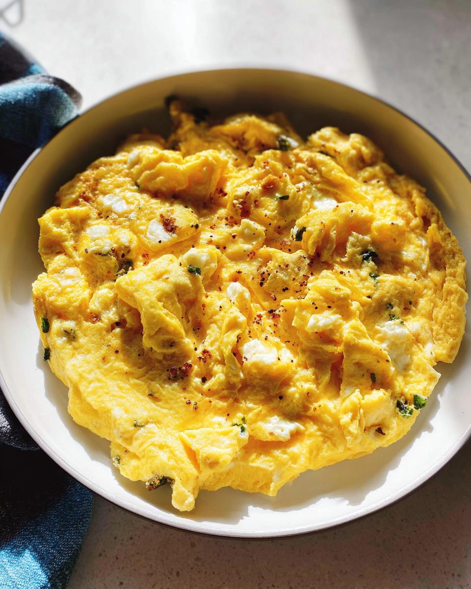 A close-up of a fluffy scrambled egg recipe with chunks of white cheese and green herbs, seasoned with pepper.