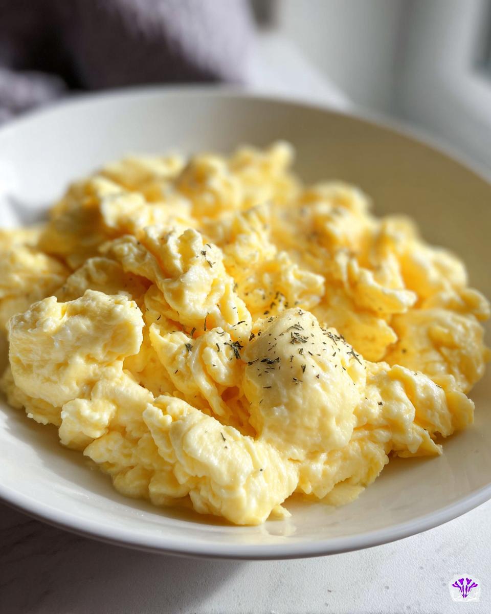 Close-up of fluffy scrambled eggs seasoned with herbs in a white bowl, perfect for egg recipes.