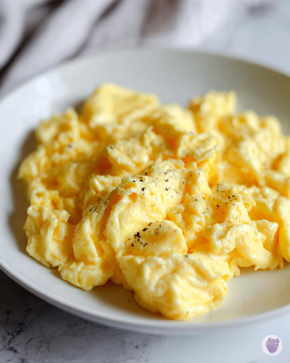 Close-up of fluffy scrambled eggs seasoned with black pepper, a perfect egg recipe.