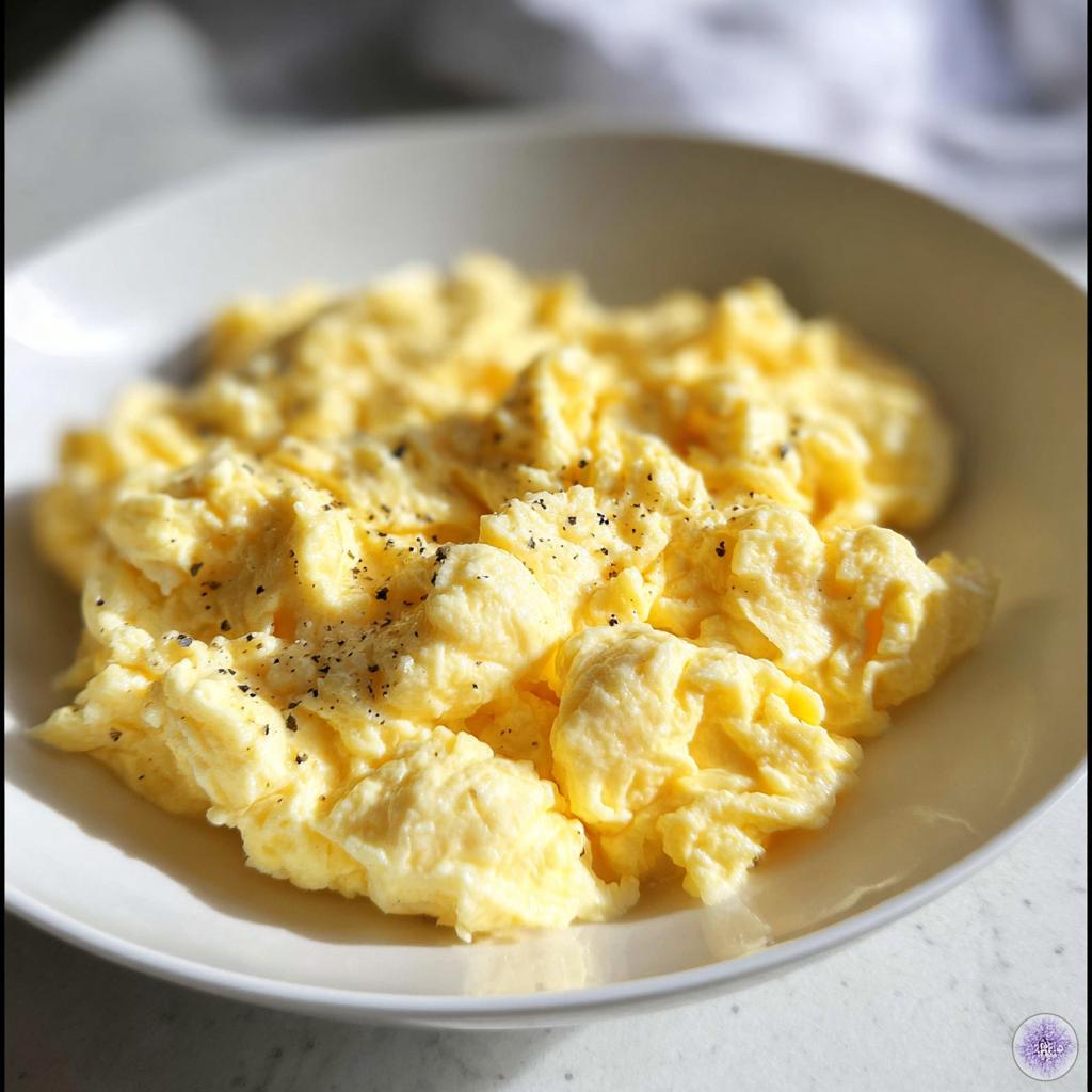 Close-up of fluffy scrambled eggs seasoned with black pepper in a white bowl, a perfect egg recipe.