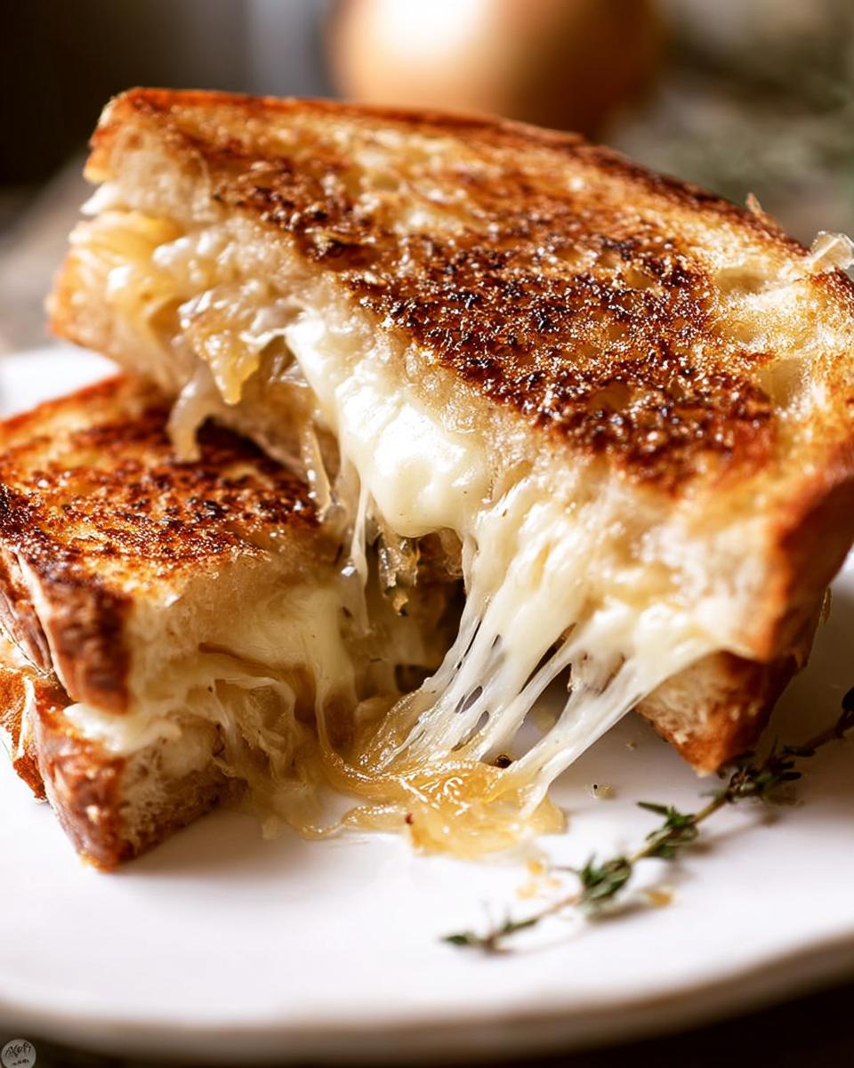 Close-up of a French onion grilled cheese recipe, with melted cheese oozing out and caramelized onions.