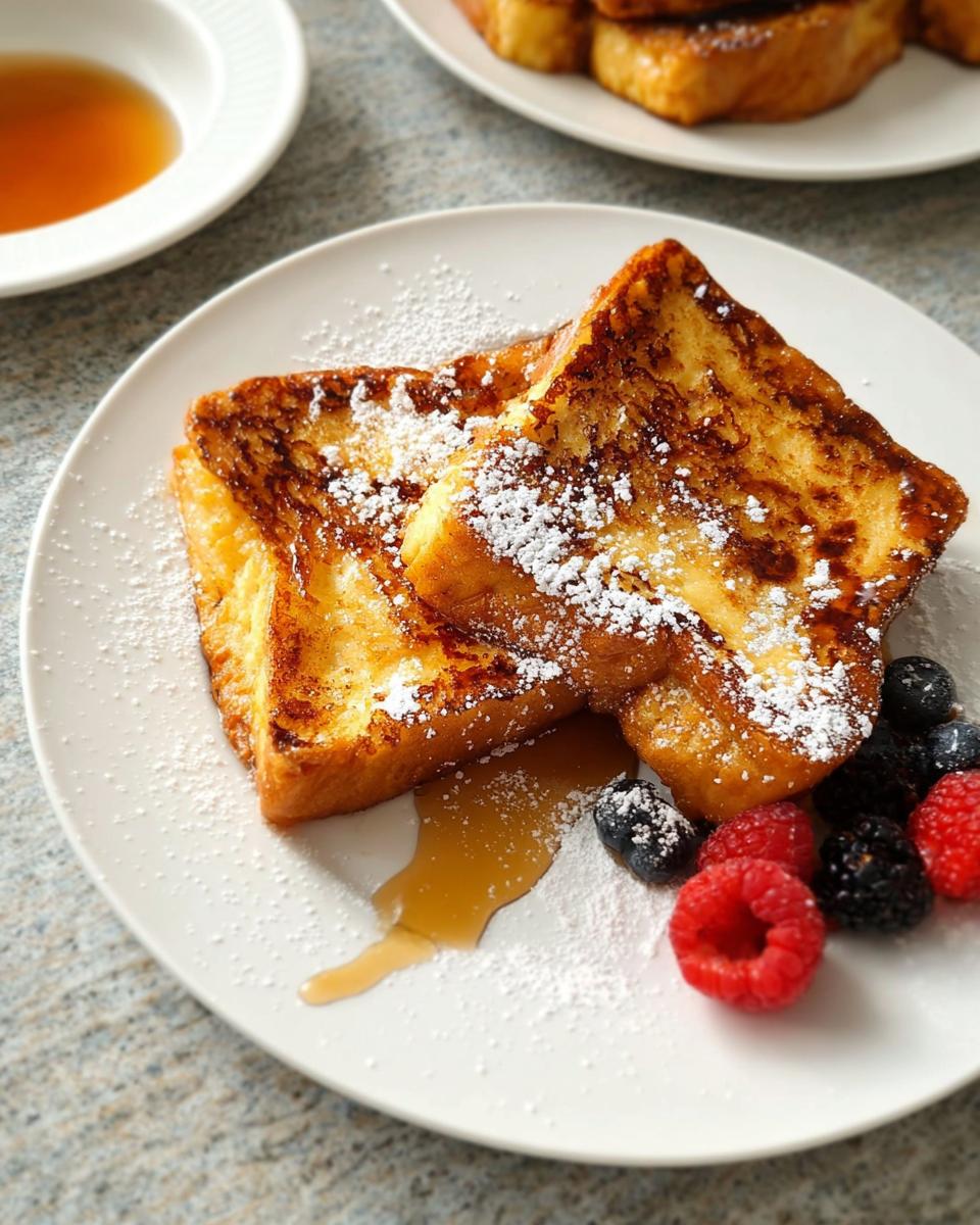 Two slices of golden-brown French toast dusted with powdered sugar, served with fresh berries and syrup. A perfect breakfast idea.
