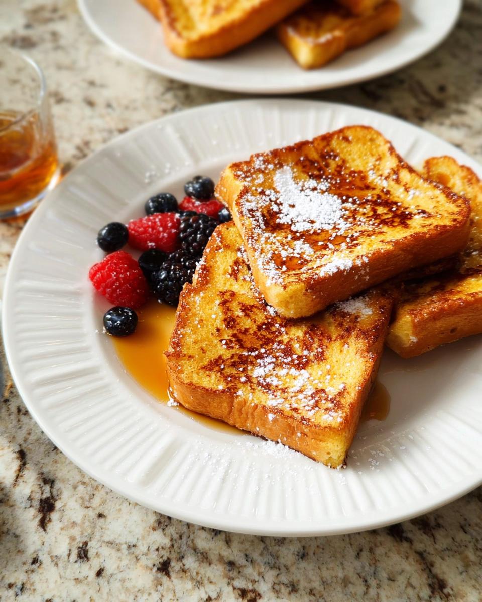 Golden brown French toast slices dusted with powdered sugar, served with fresh berries and syrup. A perfect breakfast idea.
