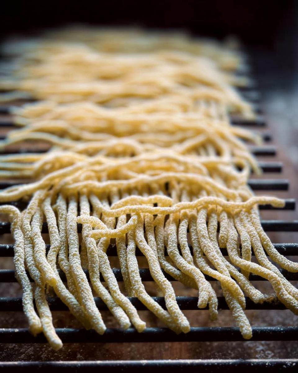 Close-up of freshly made pasta noodles, dusted with flour, drying on a rack.