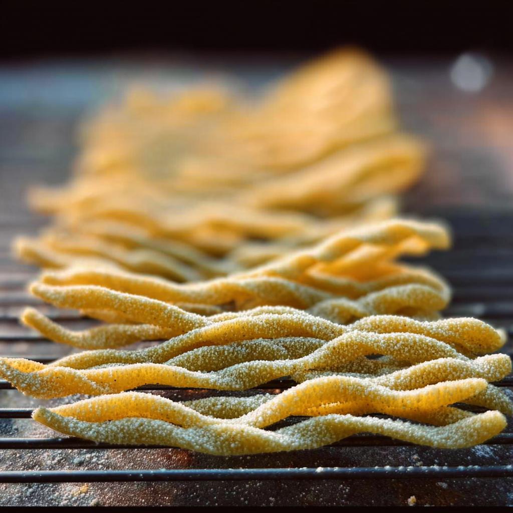 Close-up of fresh, twisted pasta recipes dusted with flour, ready for cooking.