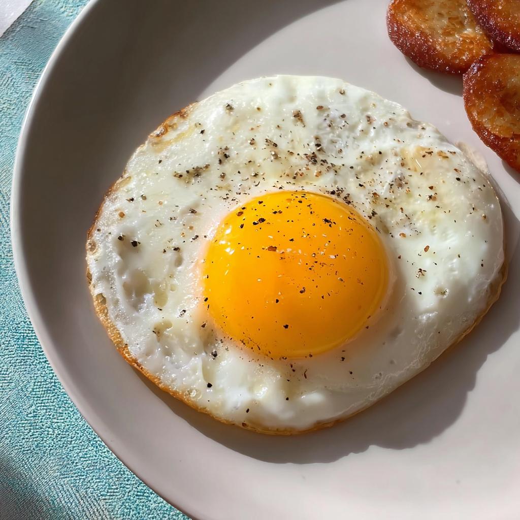 A perfectly fried egg with a bright yellow yolk, seasoned with black pepper, a great egg recipe.