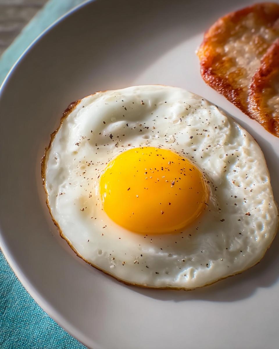 Close-up of a perfectly fried egg with a bright yellow yolk, seasoned with black pepper, part of a breakfast egg recipe.
