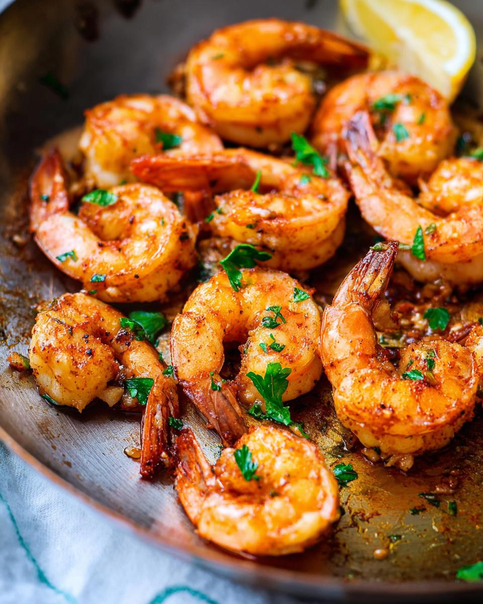 Close-up of perfectly cooked garlic butter shrimp, seasoned and garnished with parsley, with a lemon wedge in the background.