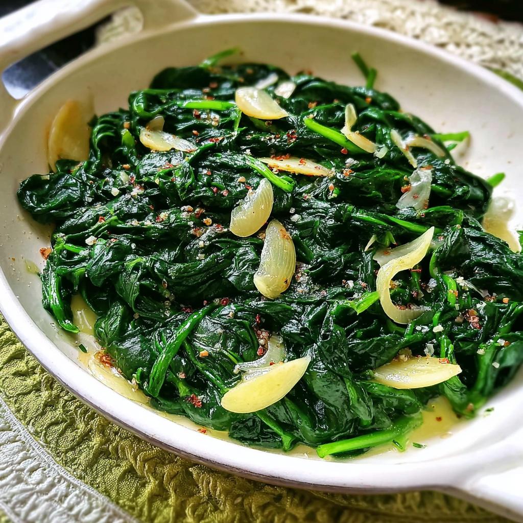 Close-up of sautéed spinach with garlic slices and red pepper flakes, a simple yet flavorful veggie side.