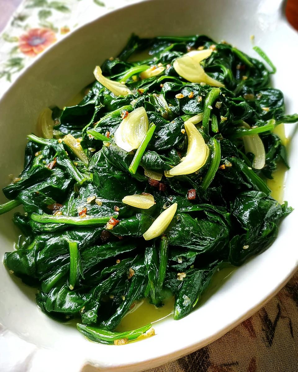 Close-up of garlicky sautéed spinach, a delicious side dish from our 20-Ingredient Veggie Sides Recipes.