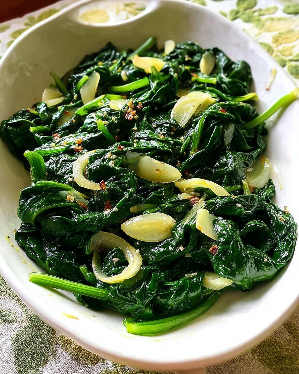 A close-up of sautéed spinach with sliced garlic and chili flakes, a simple and delicious side dish from our 20-Ingredient Veggie Sides Recipes.
