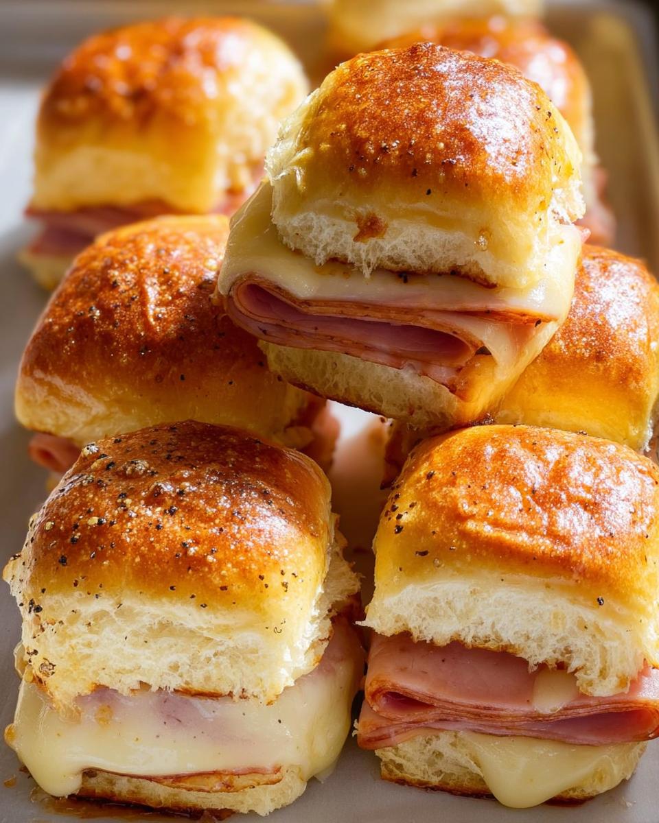 Close-up of delicious ham and cheese sliders, a perfect example of 12 Genius Sandwich Ideas Recipes.