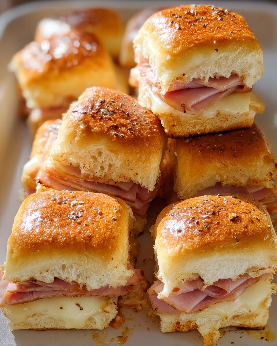 Close-up of stacked ham and cheese sliders with golden-brown buns, perfect for busy weeknight meals.