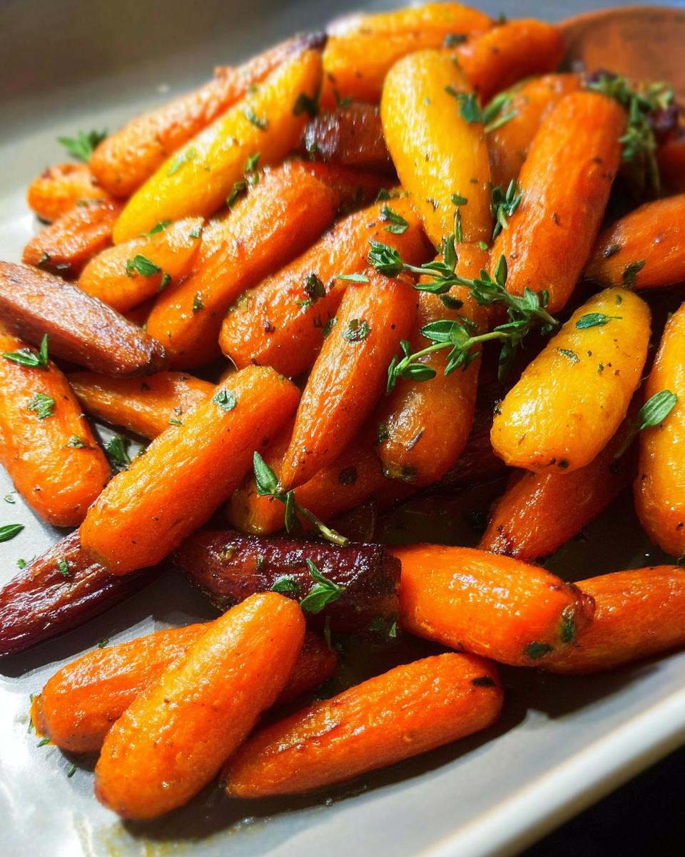 Close-up of glazed baby carrots with fresh thyme, a perfect veggie side for meal prep.