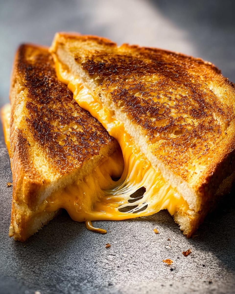 Close-up of a perfectly grilled cheese sandwich, with gooey melted cheese oozing out.