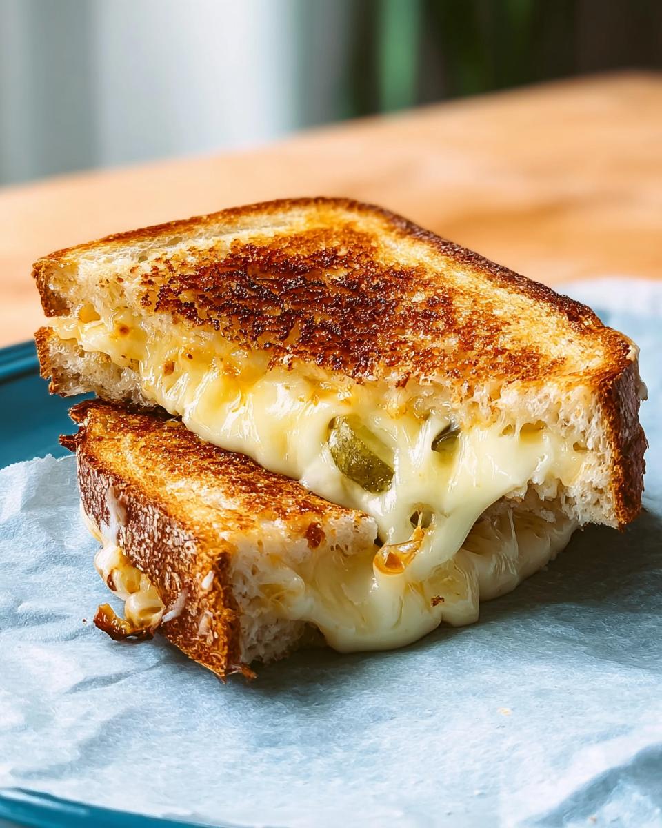 A close-up of a perfectly grilled cheese sandwich, cut in half, with melted cheese and pickles oozing out.