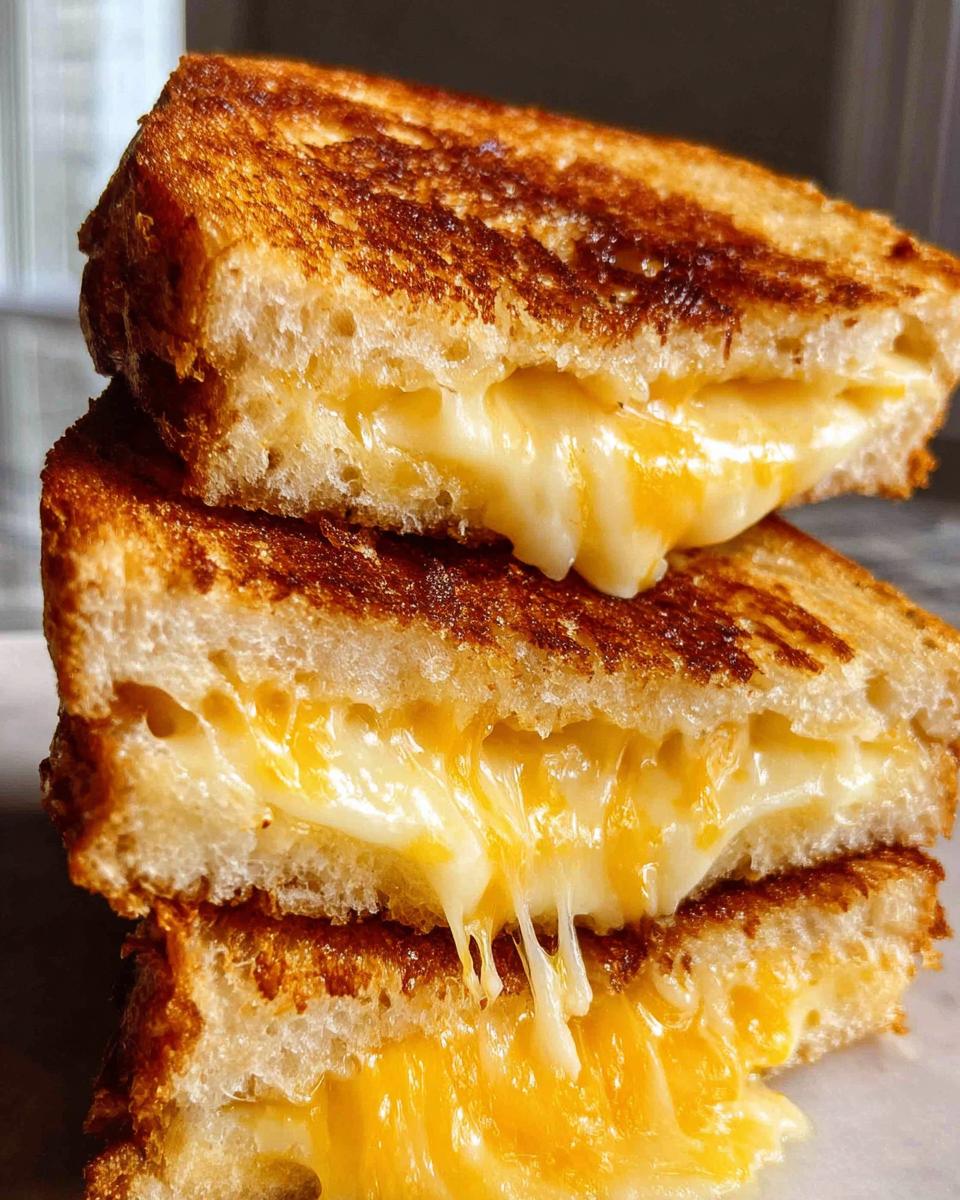 Close-up of a stack of two perfectly grilled cheese sandwiches, with gooey melted cheese oozing out.