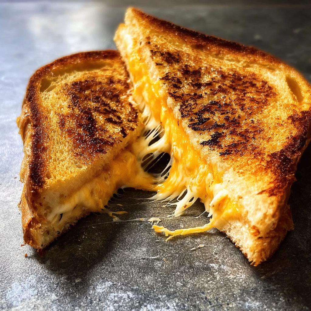 A perfectly grilled cheese sandwich, cut in half, with melted cheese oozing out.