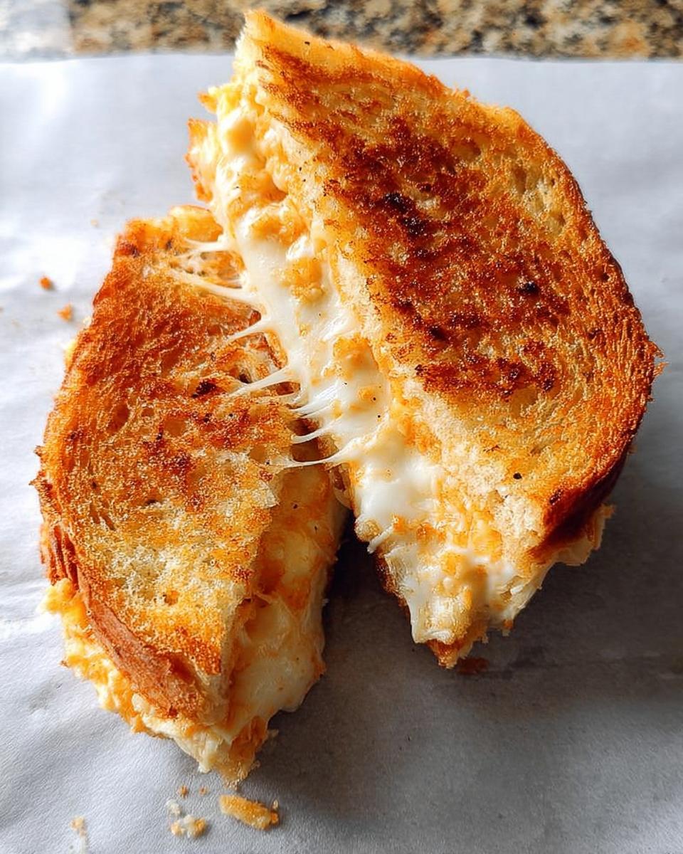 A close-up of a perfectly grilled cheese sandwich, cut in half, with melted cheese oozing out.