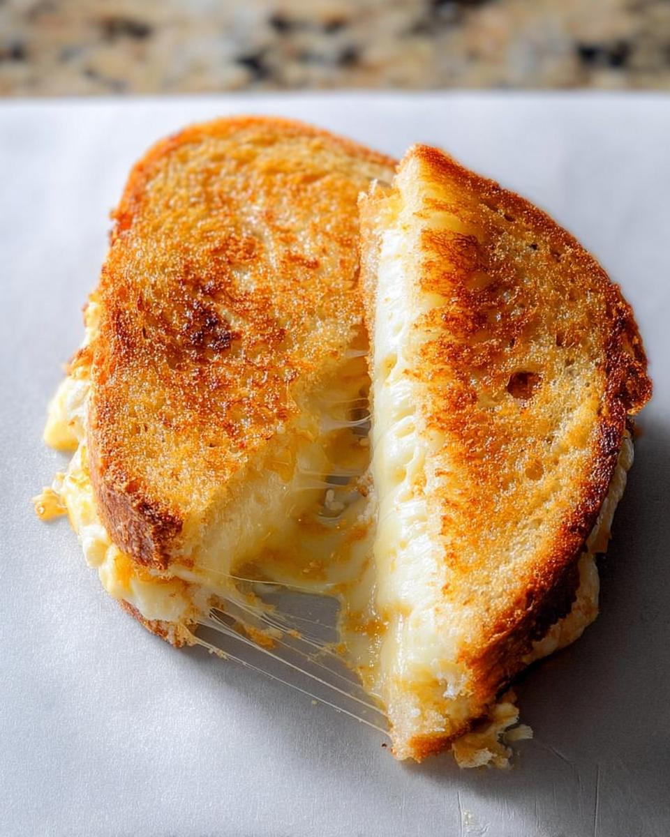 A perfectly grilled cheese sandwich, cut in half, with melted cheese oozing out. A classic grilled cheese recipe.