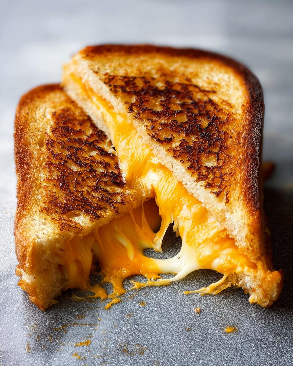 Close-up of a perfectly grilled cheese recipe sandwich, cut in half, with gooey cheese oozing out.