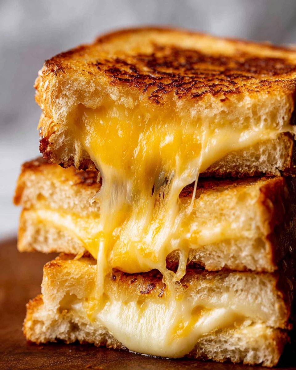 A stack of perfectly grilled cheese sandwiches with melted cheese oozing out.