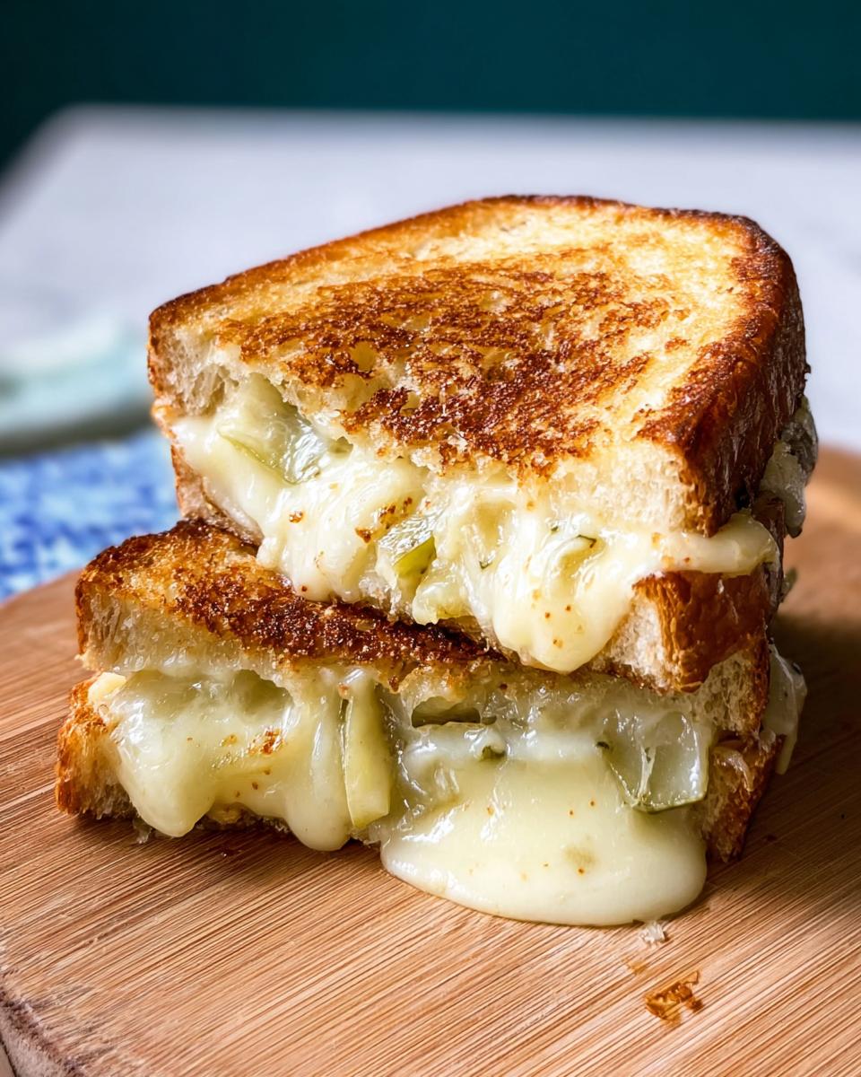 A close-up of a perfectly grilled cheese sandwich, oozing with melted cheese and green fillings.