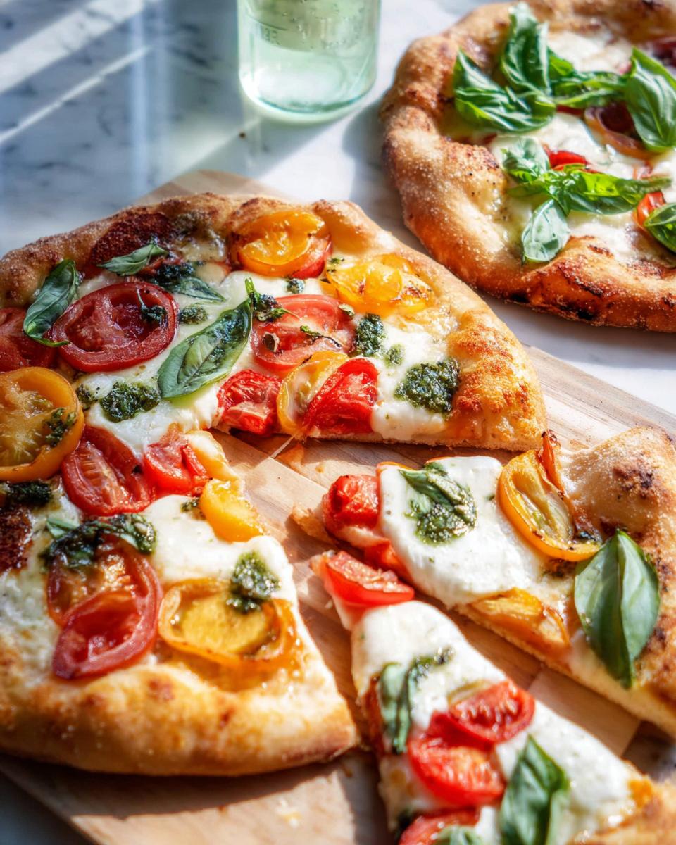 Close-up of gourmet Margherita pizza slices with fresh tomatoes, mozzarella, and basil, perfect for pizza night recipes.