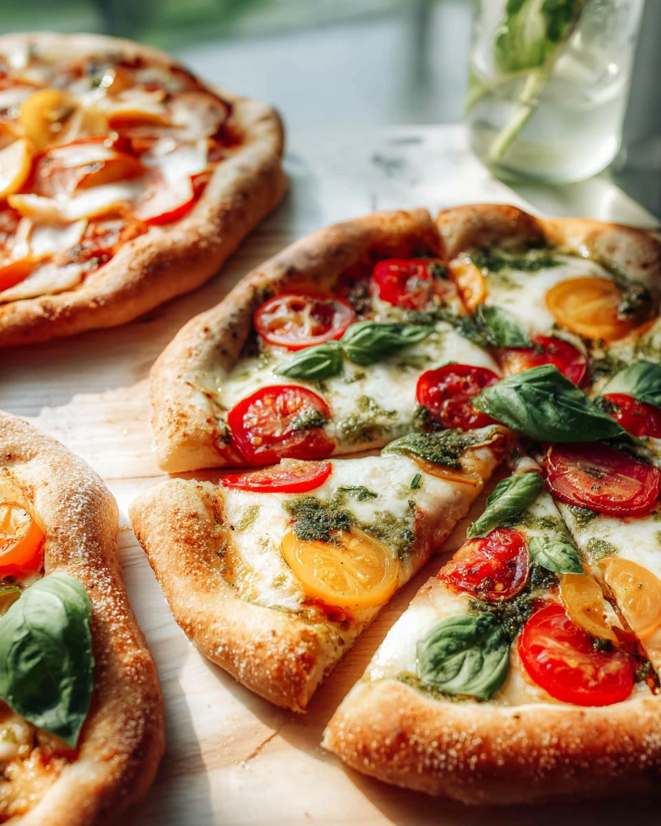 Close-up of gourmet pizza recipes for pizza night, featuring fresh tomatoes, basil, and pesto.