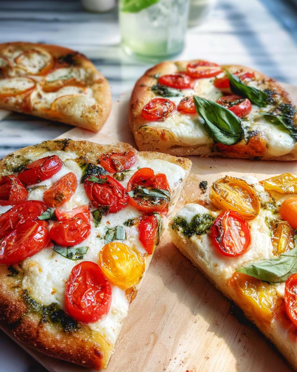 Close-up of gourmet pizza slices topped with fresh tomatoes, mozzarella, and basil, perfect for pizza night recipes.