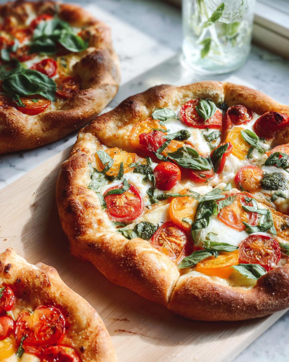 Close-up of a gourmet pizza with fresh tomatoes, mozzarella, and basil, perfect for pizza night recipes.