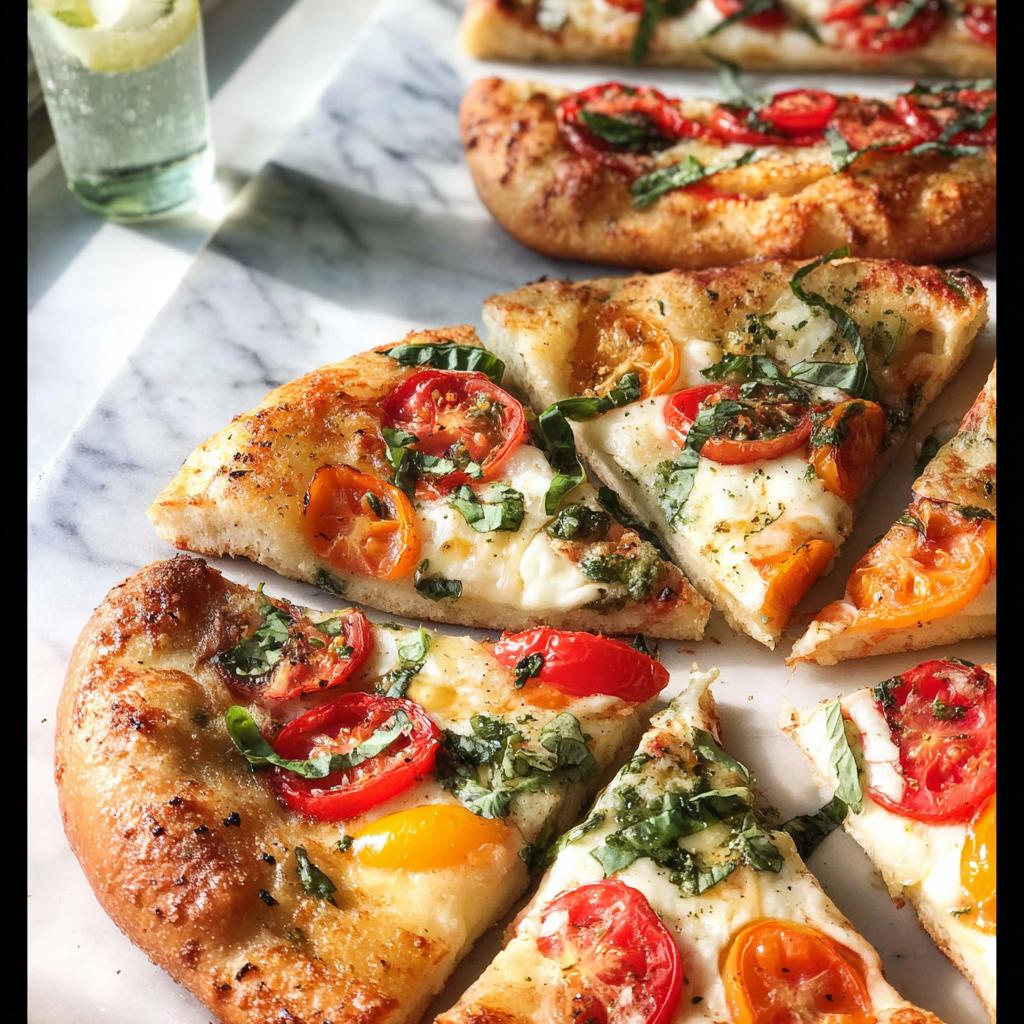 Close-up of gourmet pizza slices topped with fresh tomatoes, mozzarella, and basil, perfect for pizza night recipes.