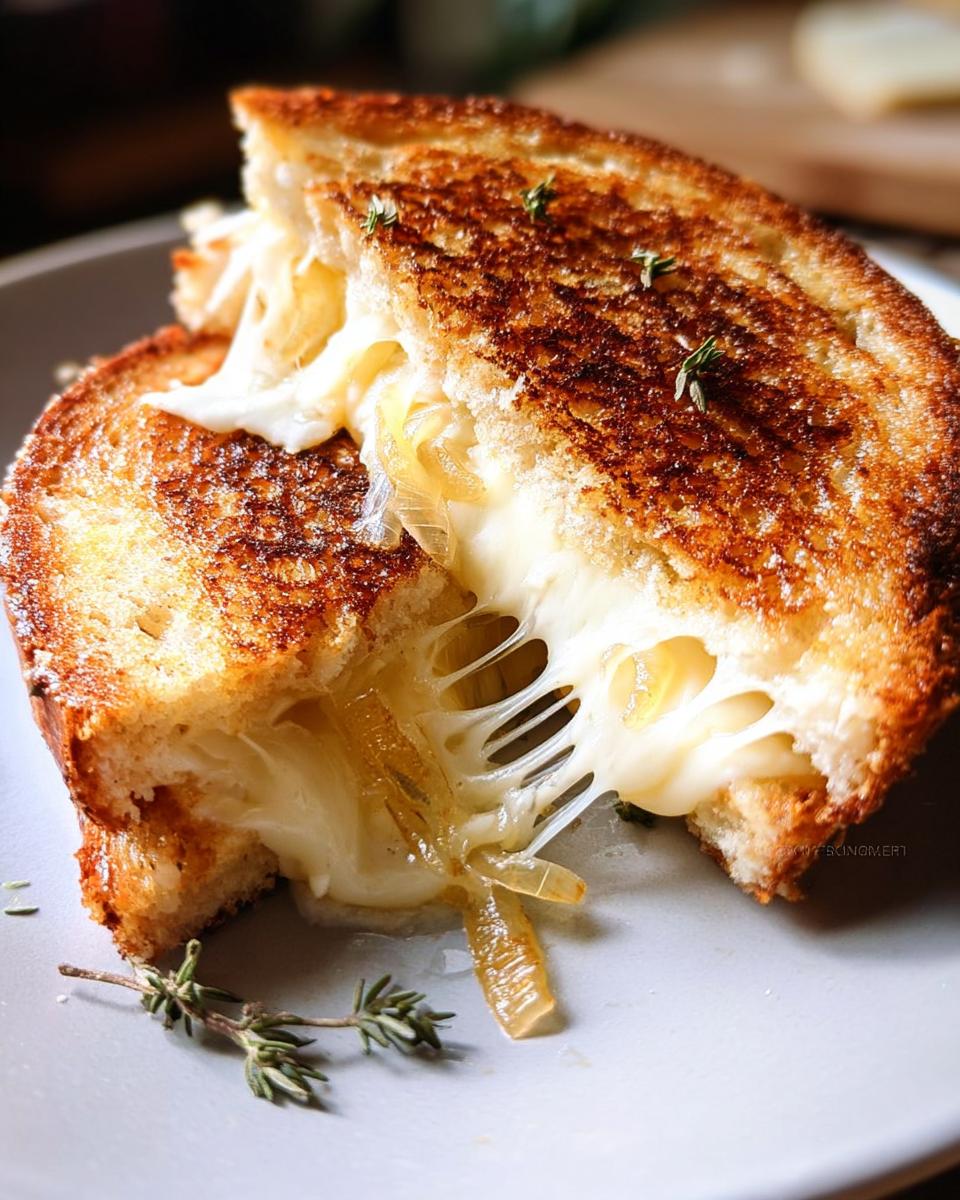 A close-up of a gourmet grilled cheese recipe, split in half, revealing melted cheese and caramelized onions, with fresh thyme sprigs.