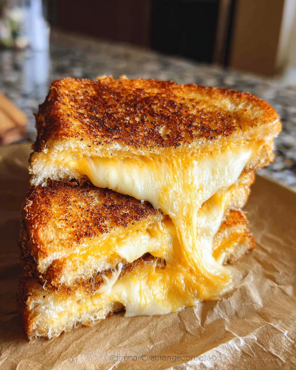 Close-up of a gooey, melted cheese pull from a perfectly grilled cheese sandwich.