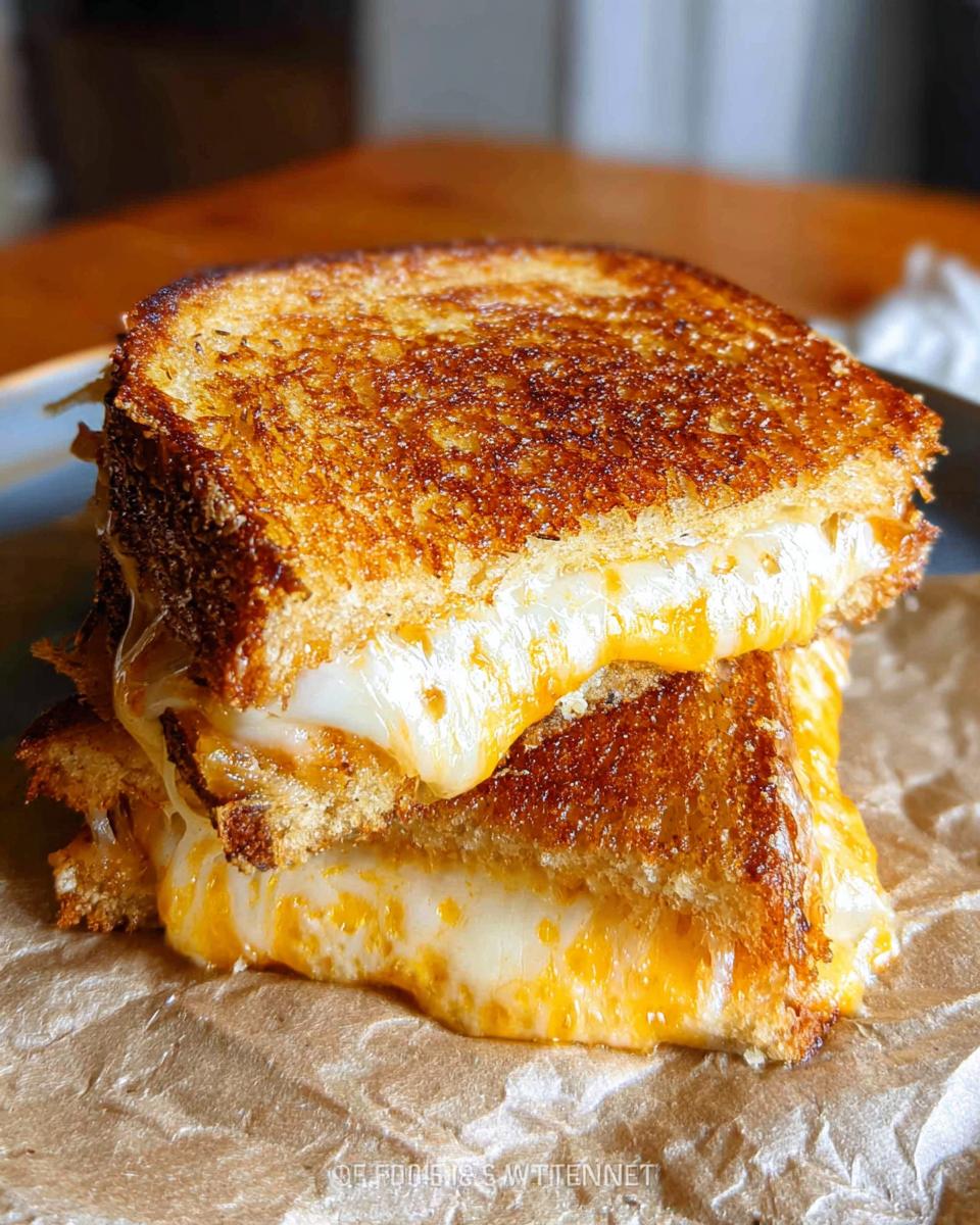 A close-up of a perfectly grilled cheese sandwich, with gooey melted cheese oozing out.
