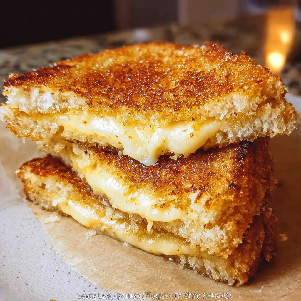 A stack of two golden-brown grilled cheese sandwiches, with melted cheese oozing out.