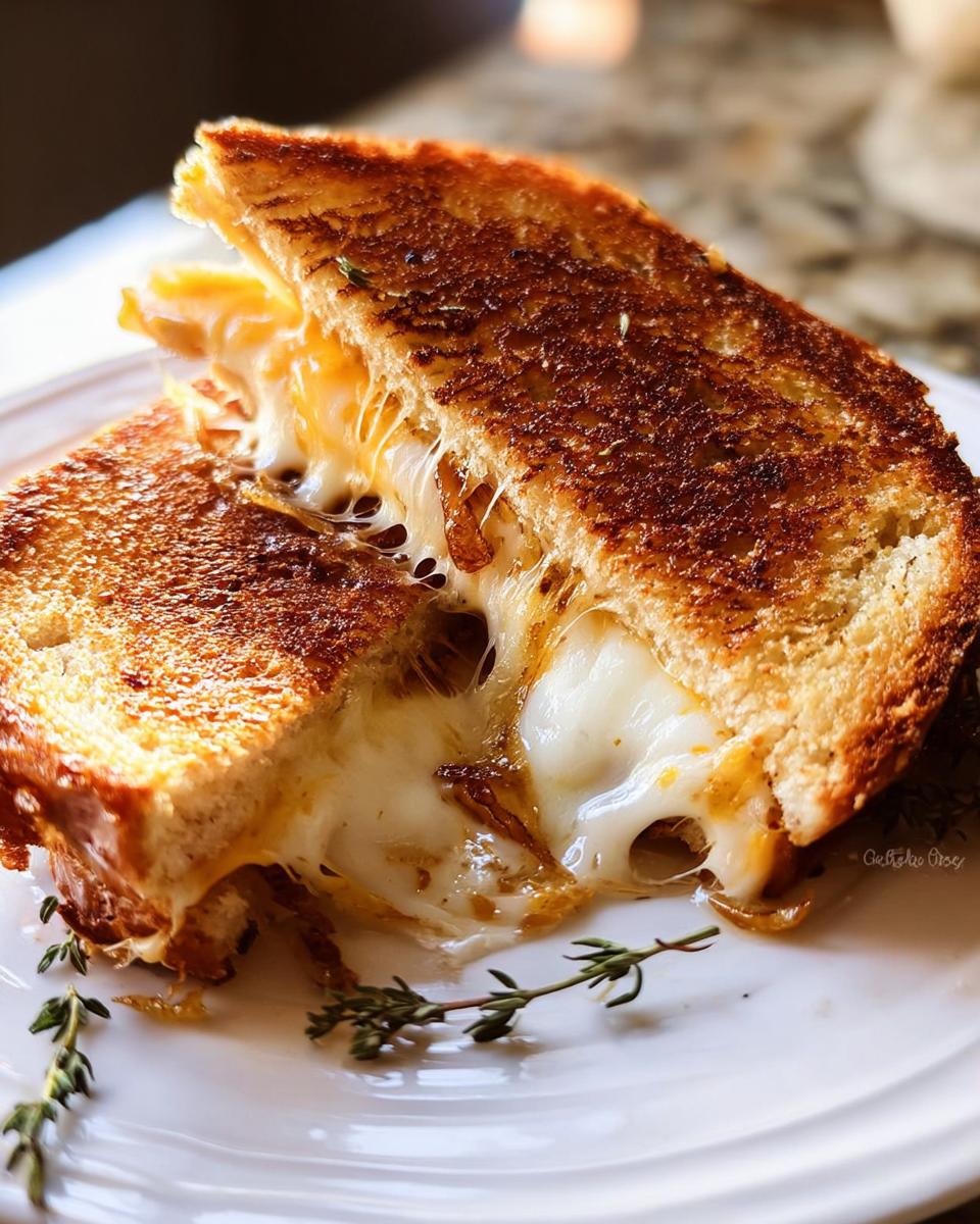 A close-up of a perfectly grilled cheese sandwich, cut in half, with melted cheese oozing out. This is a great grilled cheese recipe meal prep option.