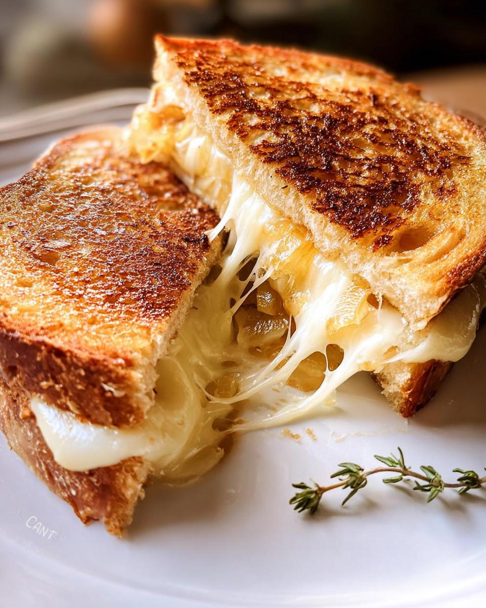A perfectly grilled cheese sandwich, cut in half, with melted cheese oozing out, a sprig of thyme on the side.