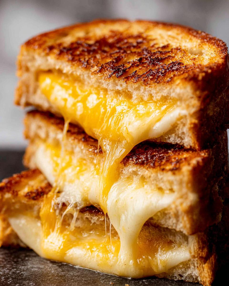 A stack of golden-brown grilled cheese sandwiches with melted, gooey cheese oozing out.