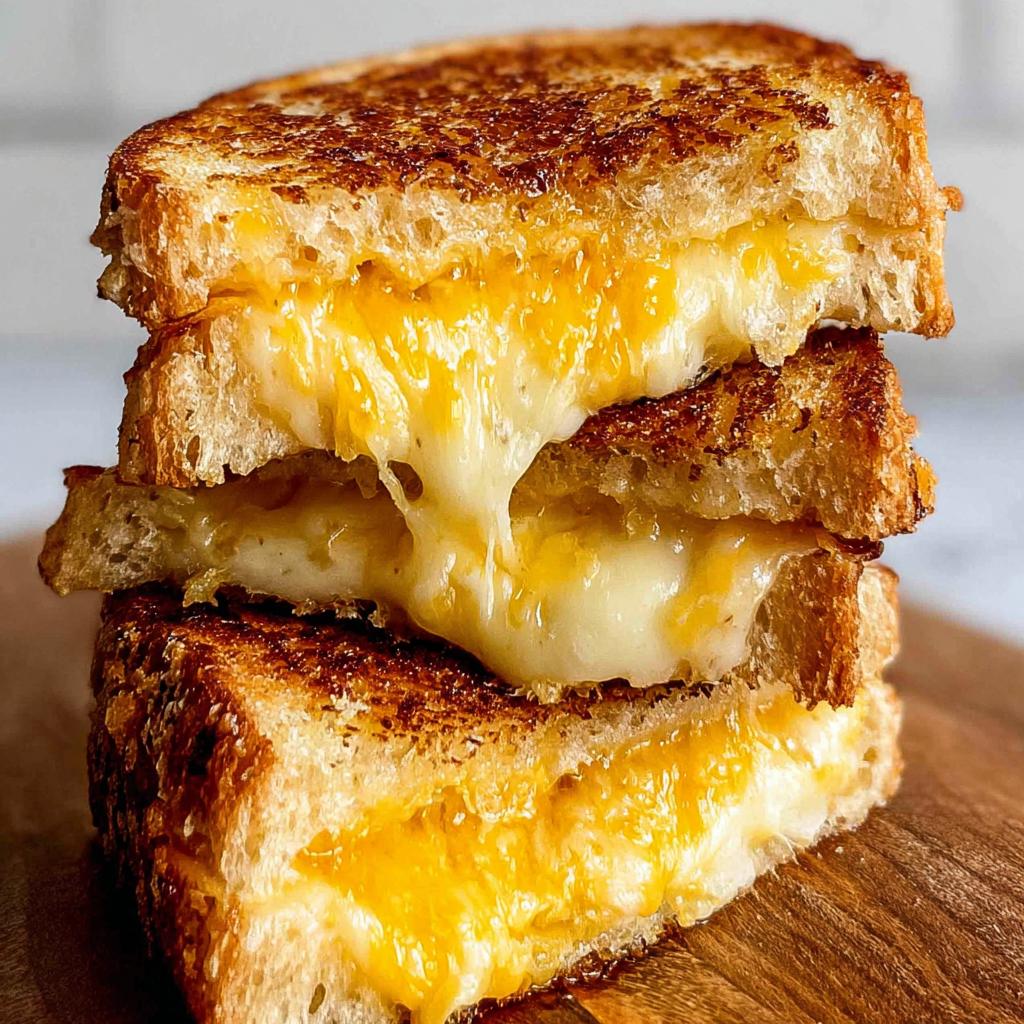 A stack of three perfectly grilled cheese sandwiches with gooey, melted cheese oozing out.